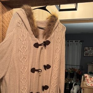 Old Navy Tan Cable Knit Cardigan with Faux Fur Hood